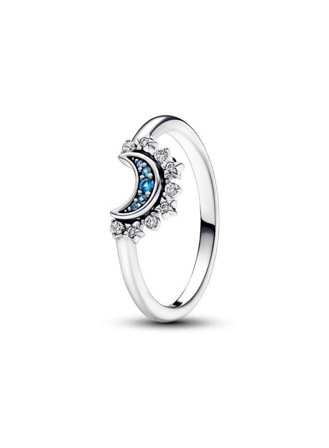 Celestial Moon Sterling Silver Ring with Blue Crystal - Image 1