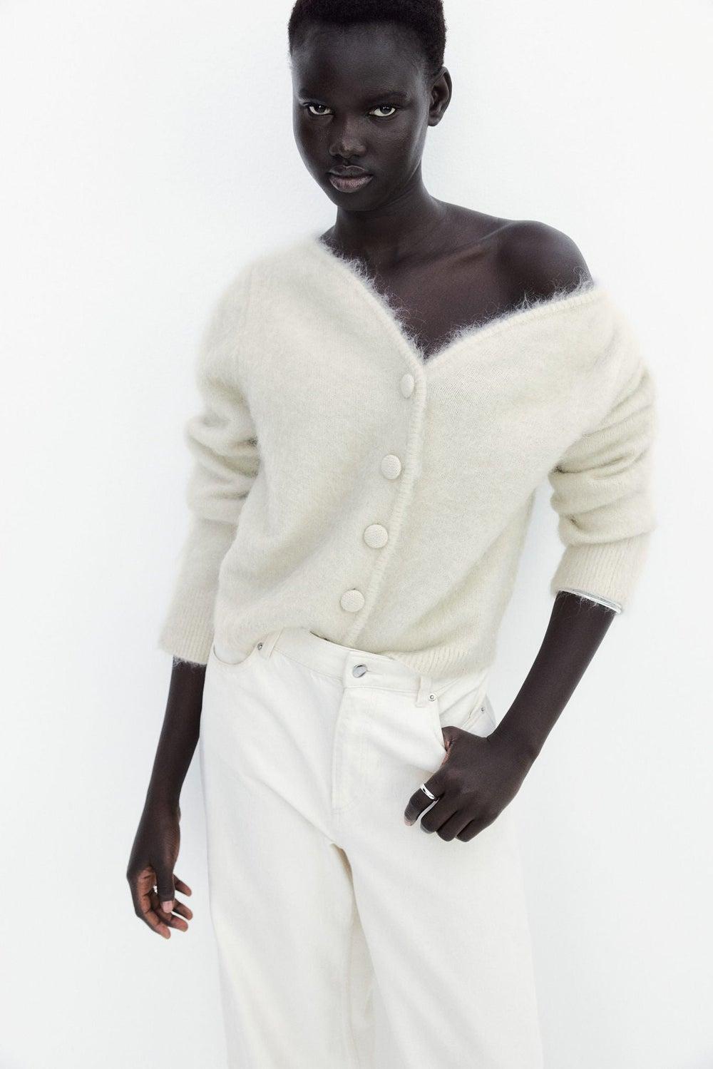 Mohair-Blend Short Cardigan with V-Neck - Image 1