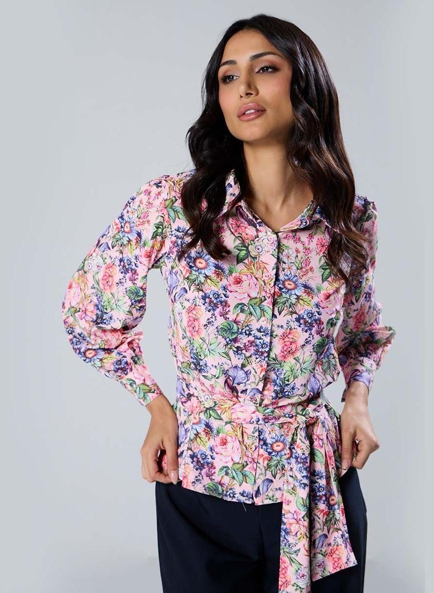 Pink Long Sleeve Waist Tie Printed Top - Image 1