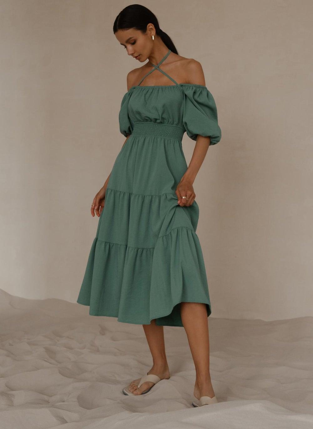 Lantern-Sleeve Tiered Midi Dress - Image 1