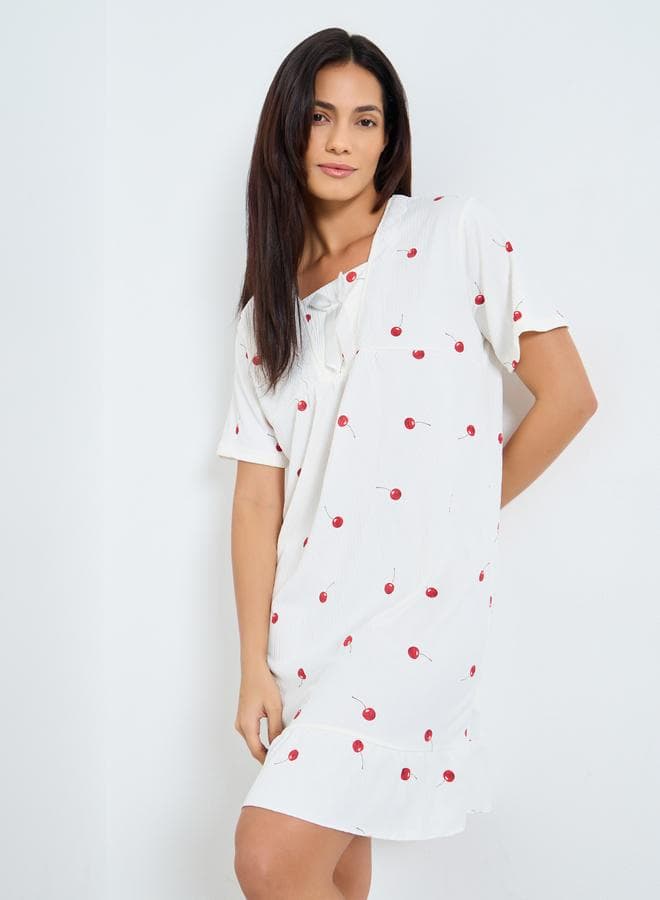 Take Two Cherry Print Nightdress with Lace Bow Detail - Image 1