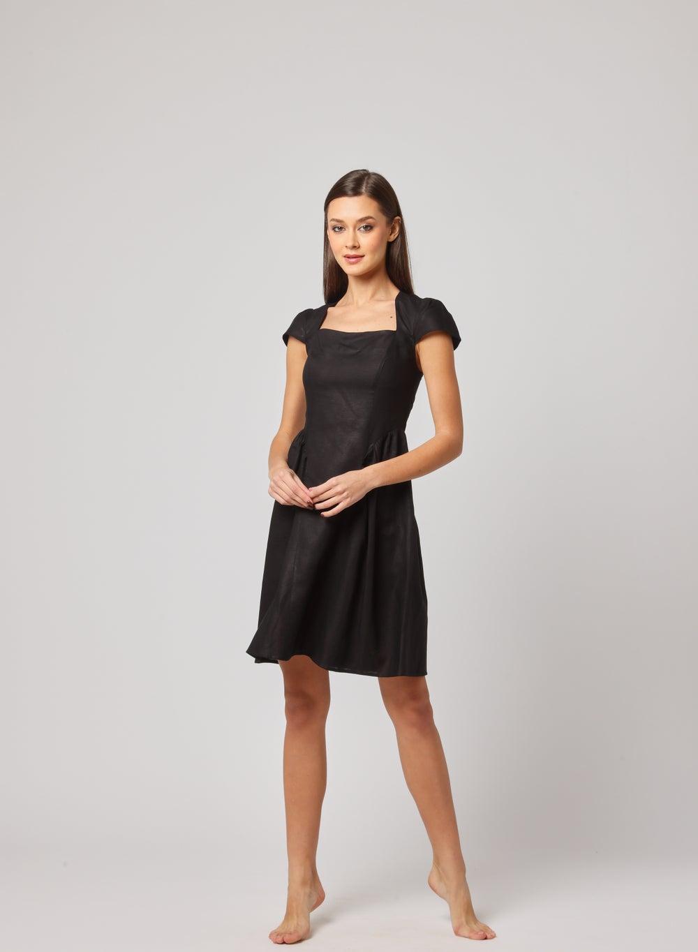 Black Linen A-Line Flared Mini Dress - Image 1