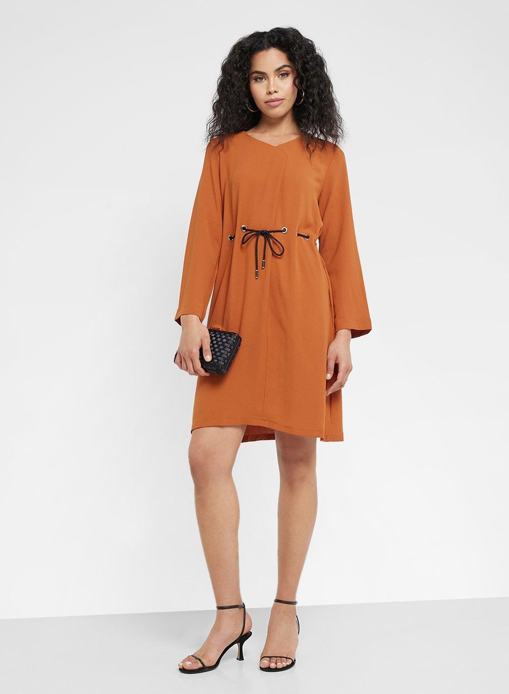 Tie Waist Mini Dress in Warm Sienna - Image 1
