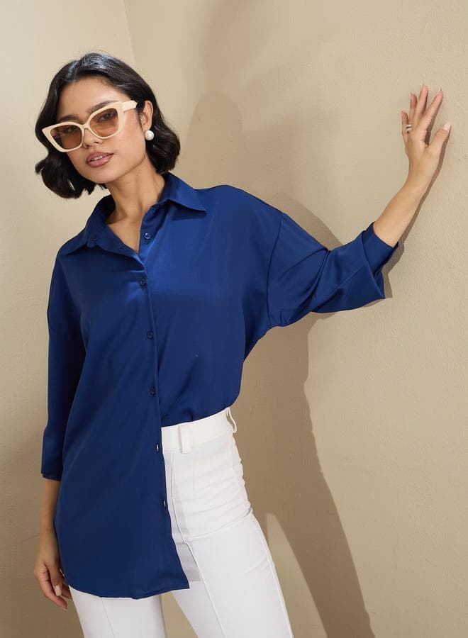 SASSAFRAS Royal Blue Satin Oversized Curved Hem Shirt - Image 1