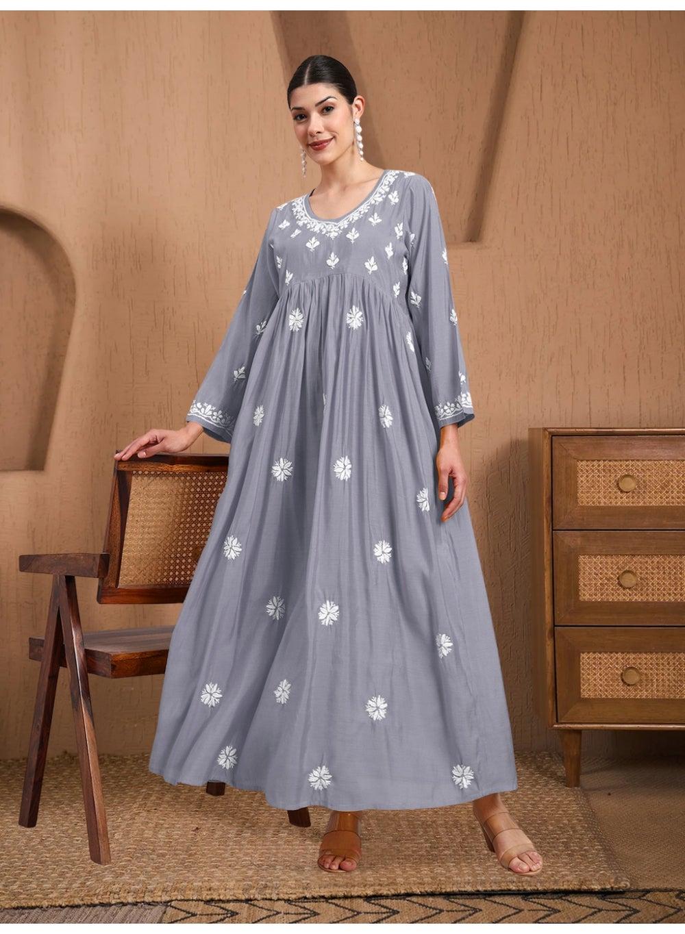 Hand Embroidered Chikankari Chanderi Jalabiya AL4087 - Image 1