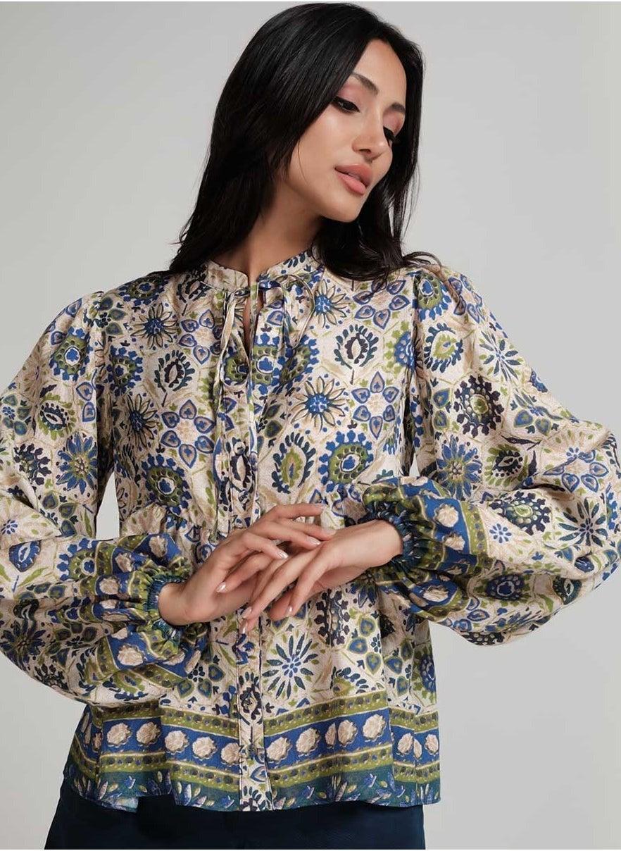 Border Detailed Beige Blouse - Image 1