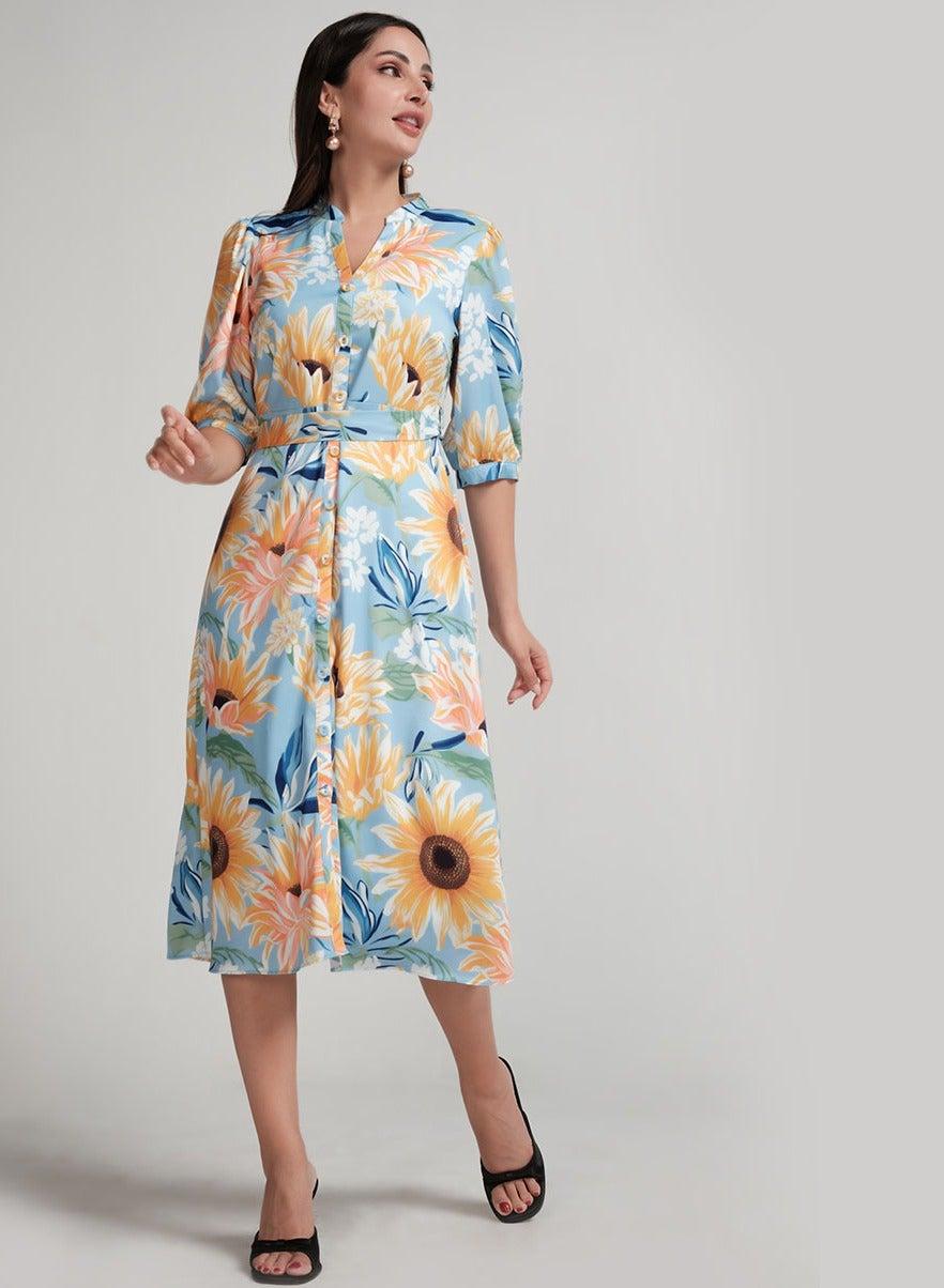 Sun Flower Printed Half Sleeve A-Line Chiffon Midi Dress - Image 1