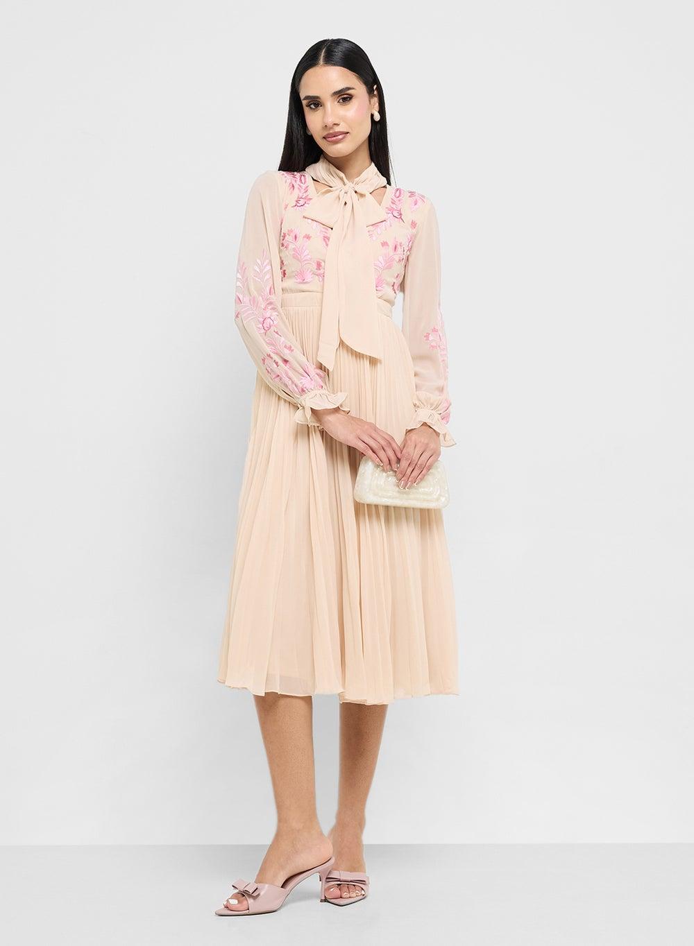 Agatha Pleated Embroidered Tie-Detail Midi Dress - Image 1