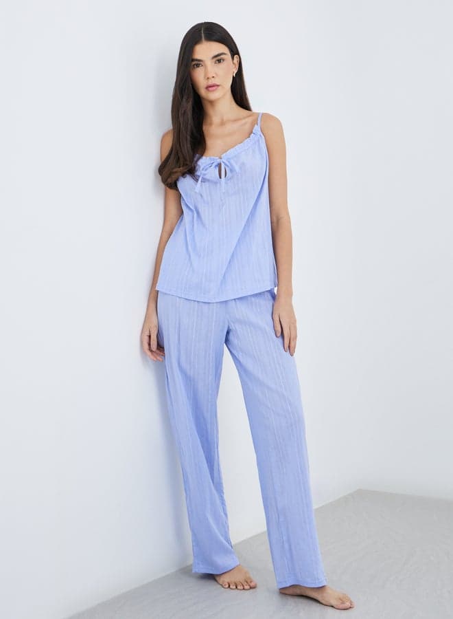 Textured Cotton Stripe Ruched Tie-Front Cami Pyjama Set - Image 1