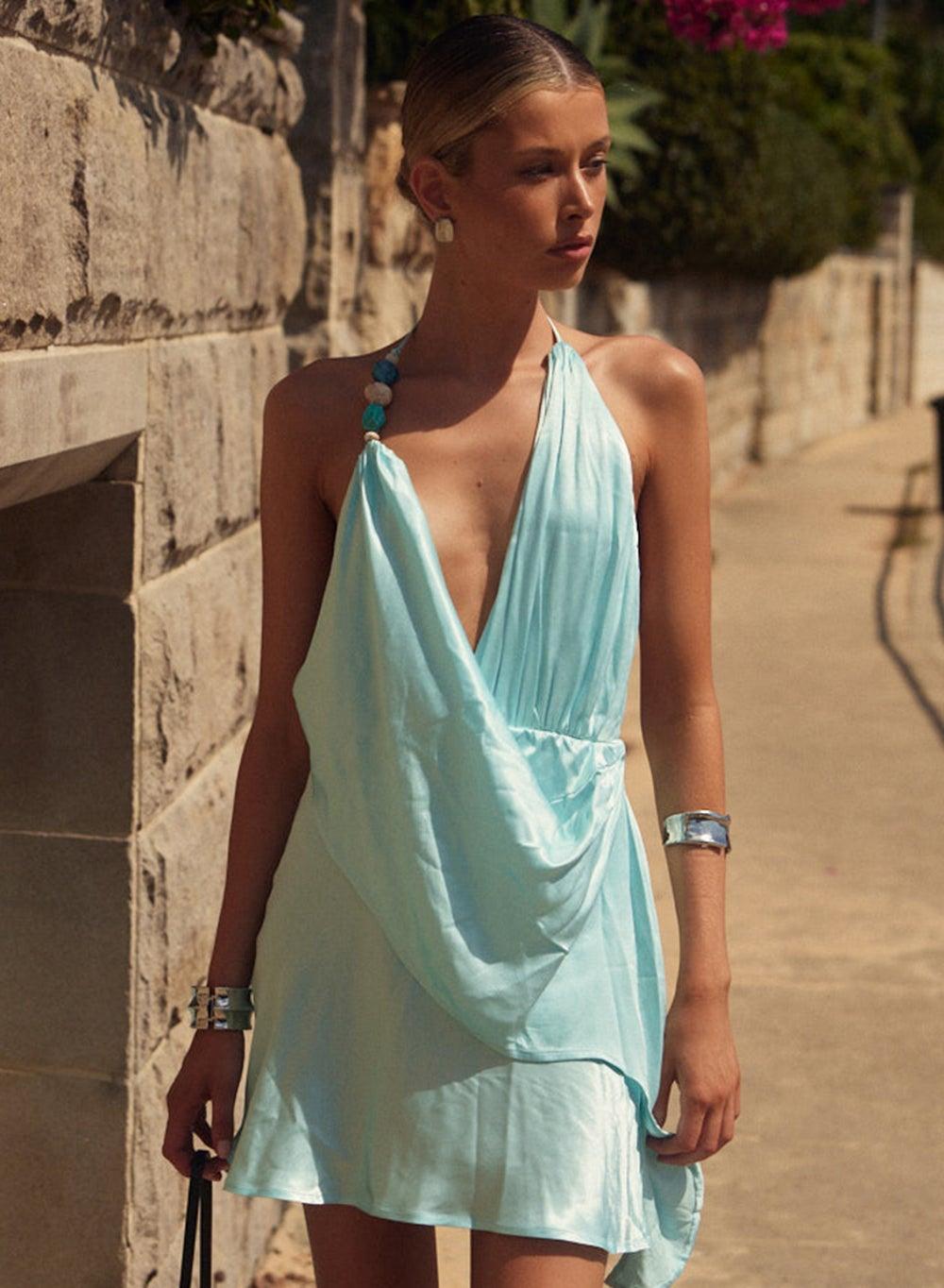 Rosita Tie Neck Satin Wrap Mini Dress - Image 1