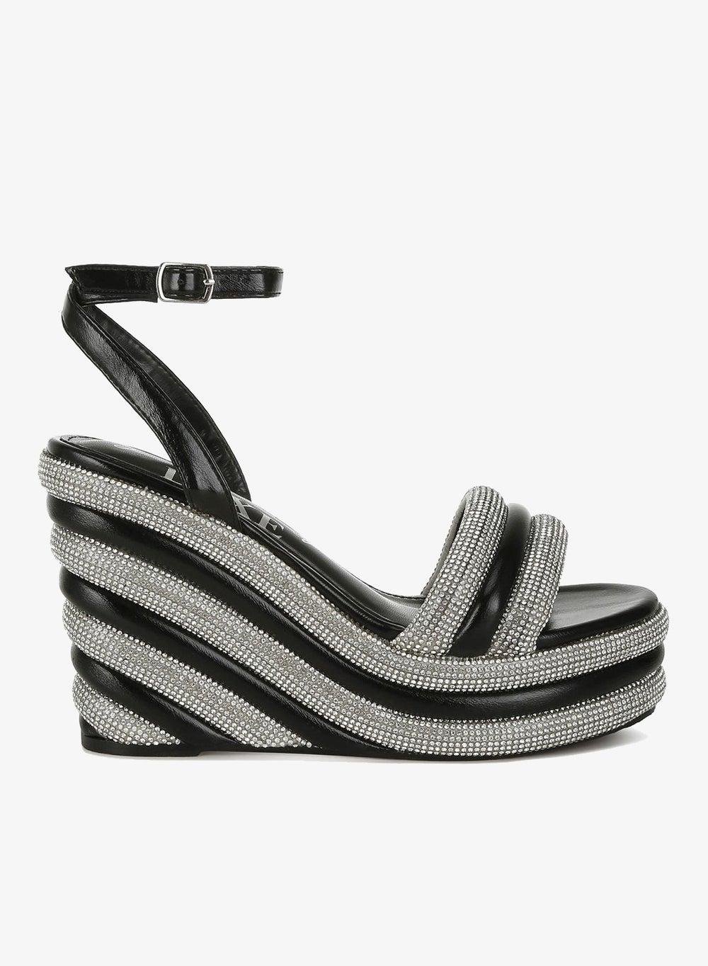 Black Rhinestone Studded Wedge Sandals - Image 1
