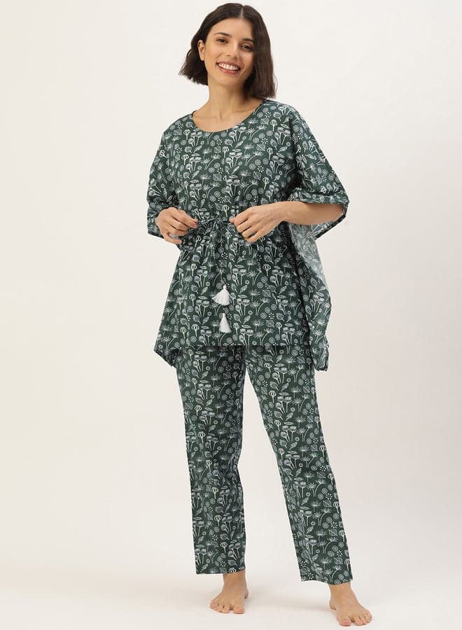 Sanskrutihomes Women Cotton Printed Kaftan Top Pyjama Set - Image 1