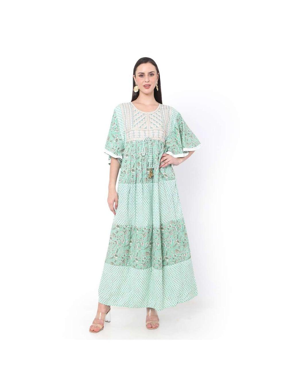 Green Embroidered and Printed Arabic Jalabiya Dress - Image 1