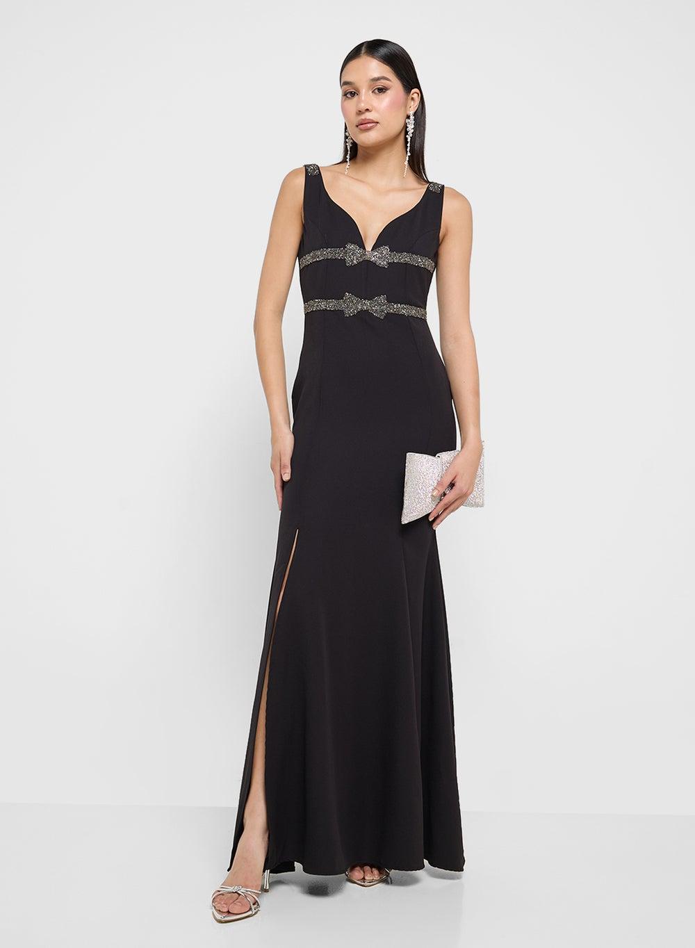 Black Bow Detail Floor-Length Maxi Dress - Image 1