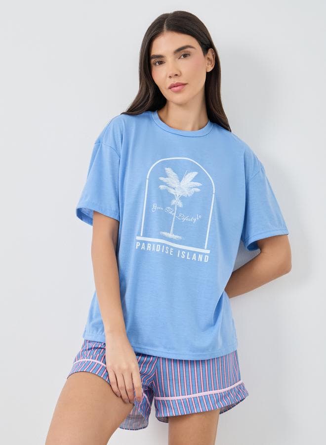 Ocean Theme Paradise Graphic T-Shirt and Striped Short Set - Image 1