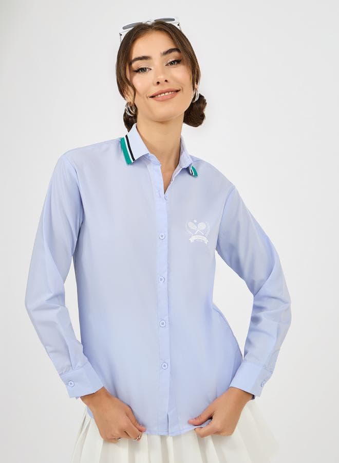 Ribbed Collar Shirt with Minimal Print - Image 1