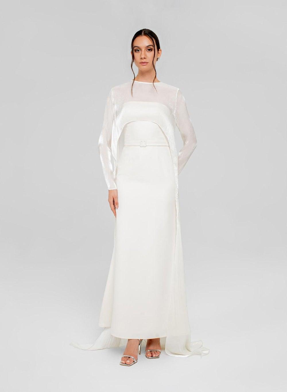 Ayla Off-White Strapless Crepe Gown with Organza Cape - Image 1