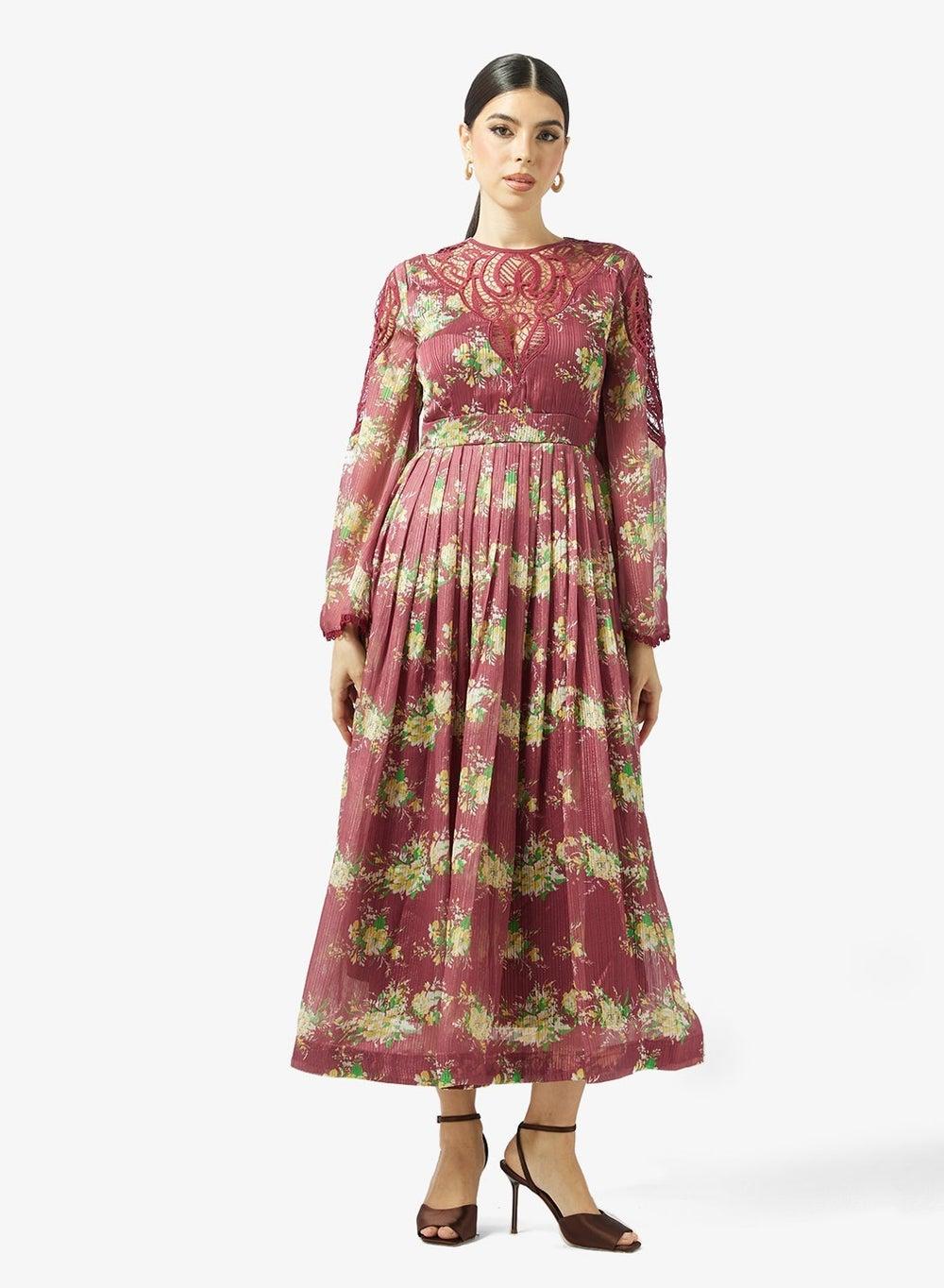Floral Pleated Dress with Lace Detail - Image 1