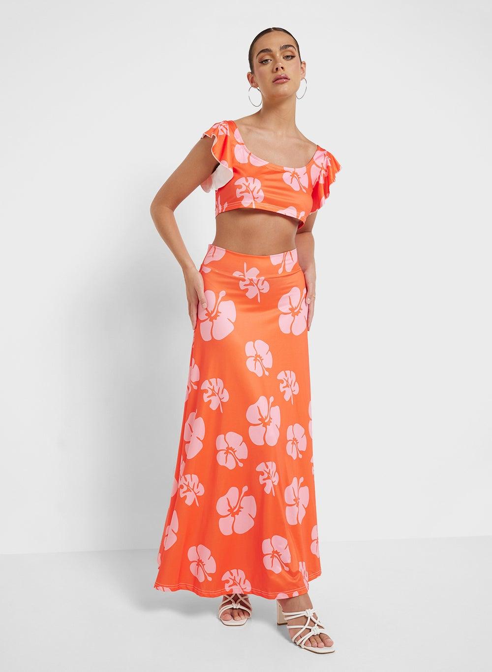 Floral Print Crop Top and Maxi Skirt Set - Image 1