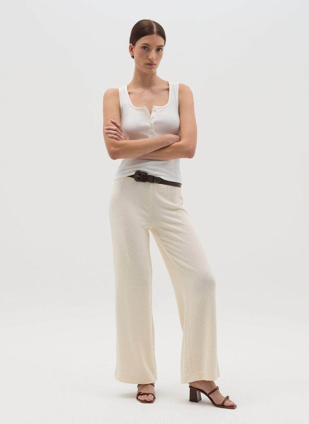 Cream Knit Palazzo Trousers with Elastic Waist - Image 1