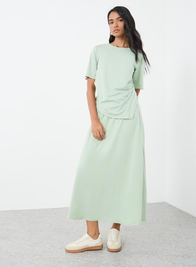 Women Green Asymmetric Hem Top and Skirt Co-Ord Set - Image 1