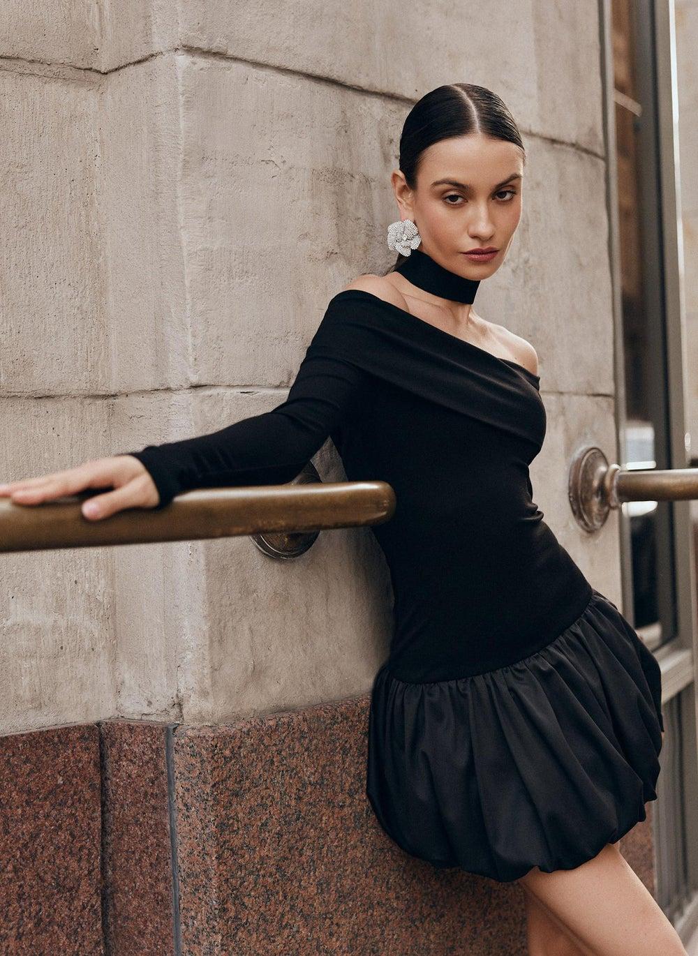 Open-Shoulder Mini Dress with Balloon Skirt - Image 1