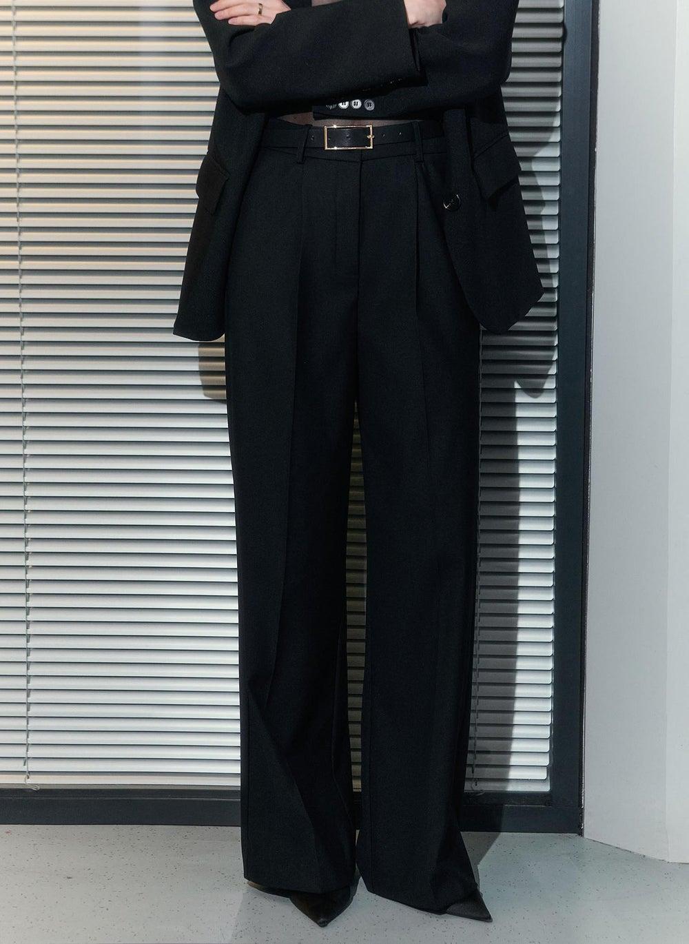 Loose Wide-Belt Trousers with Pleated Crease - Image 1