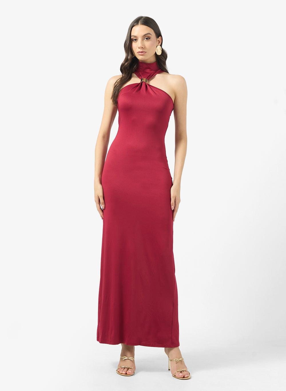 Halter Neck Bodycon Maxi Dress with Gold Accent - Image 1
