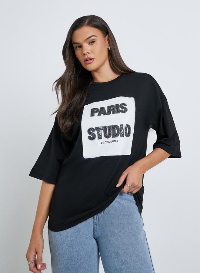 Styli Women Black Sequin Paris Oversized T-Shirt - Image 1