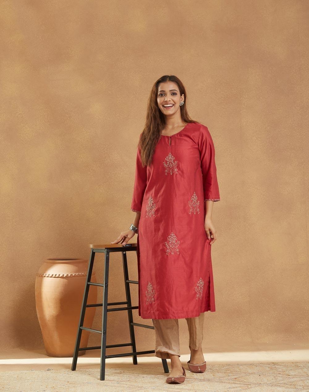 Maroon Cotton Silk Embroidered Long Kurta - Image 1