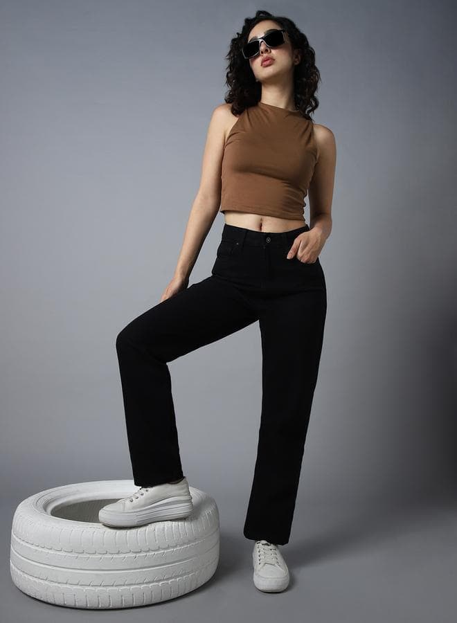 Women's Black Cotton Straight Fit High Rise Jeans - Image 1