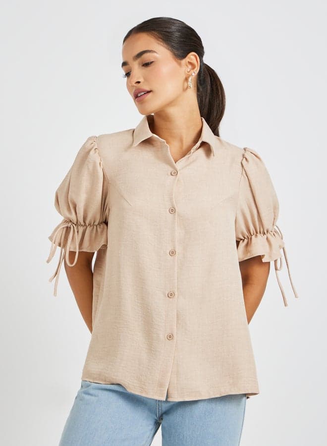 Styli Puff Sleeve Linen Curved Hem Shirt - Image 1