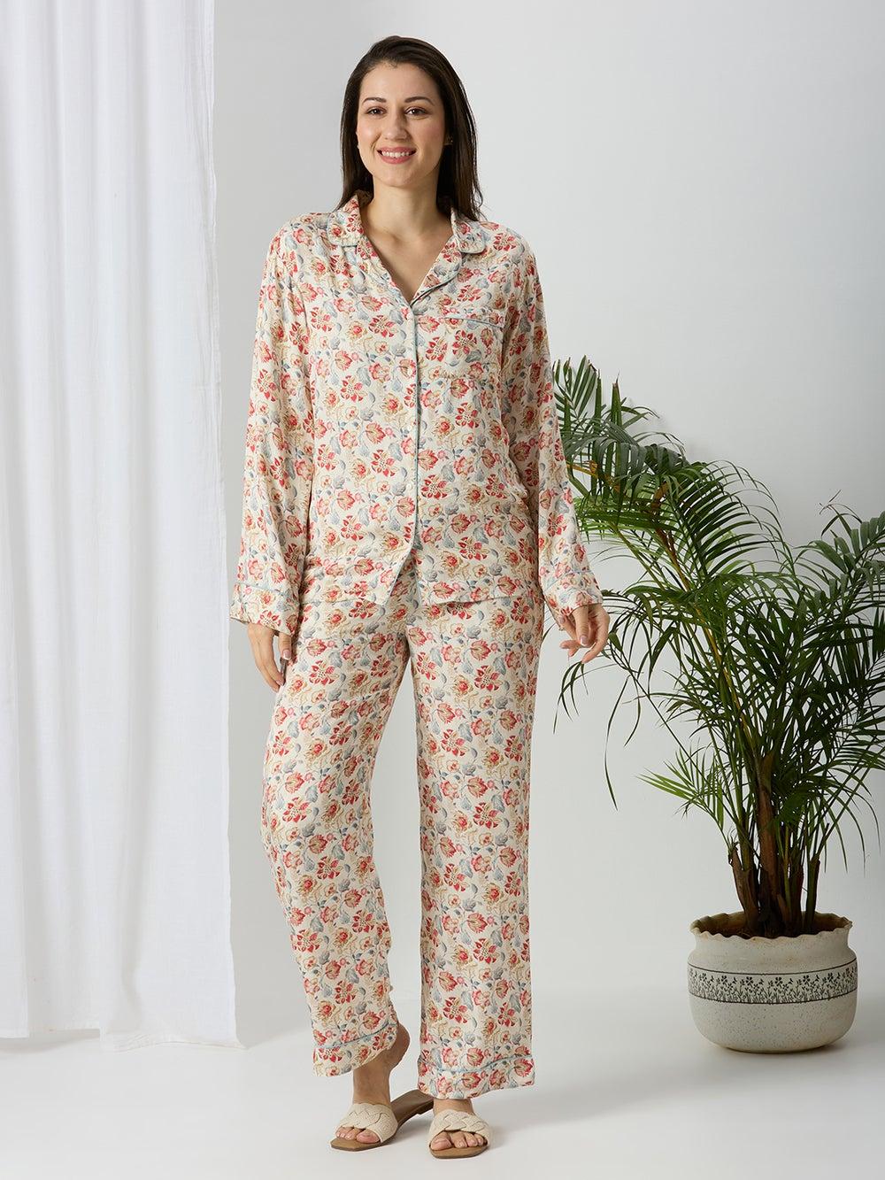 AMMARZO Floral Modal Satin Women’s Long Pyjama Set - Image 1