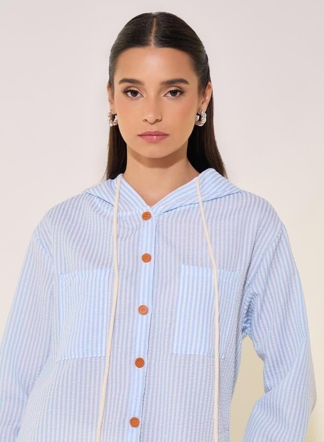 Styli Striped Hooded Shirt with Patch Pocket - Image 1