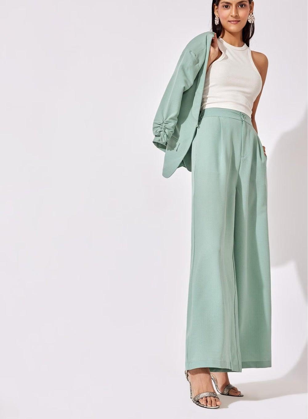 Sage Green Pleated Flare Pants for Ramadan Styling - Image 1