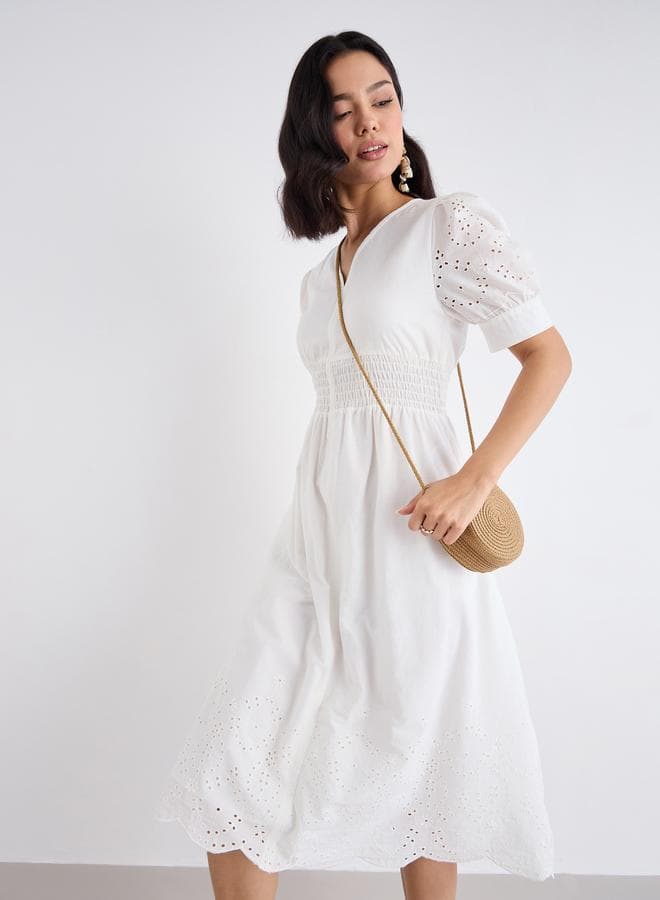 Styli White Schiffli V Neck A-Line Midi Dress - Image 1