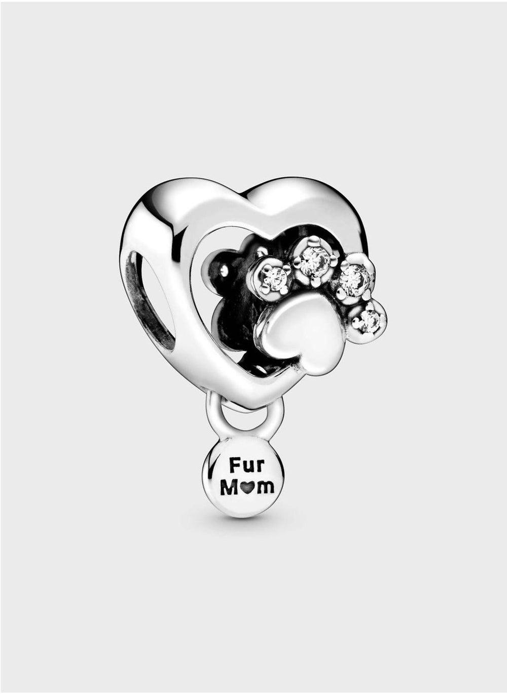 Sparkling Paw Print & Heart Sterling Silver Charm - Image 1