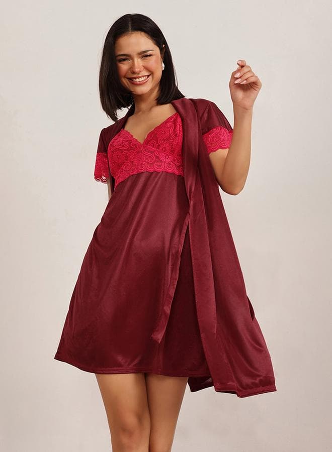 Lace Insert Satin Robe and Nightdress Set - Image 1