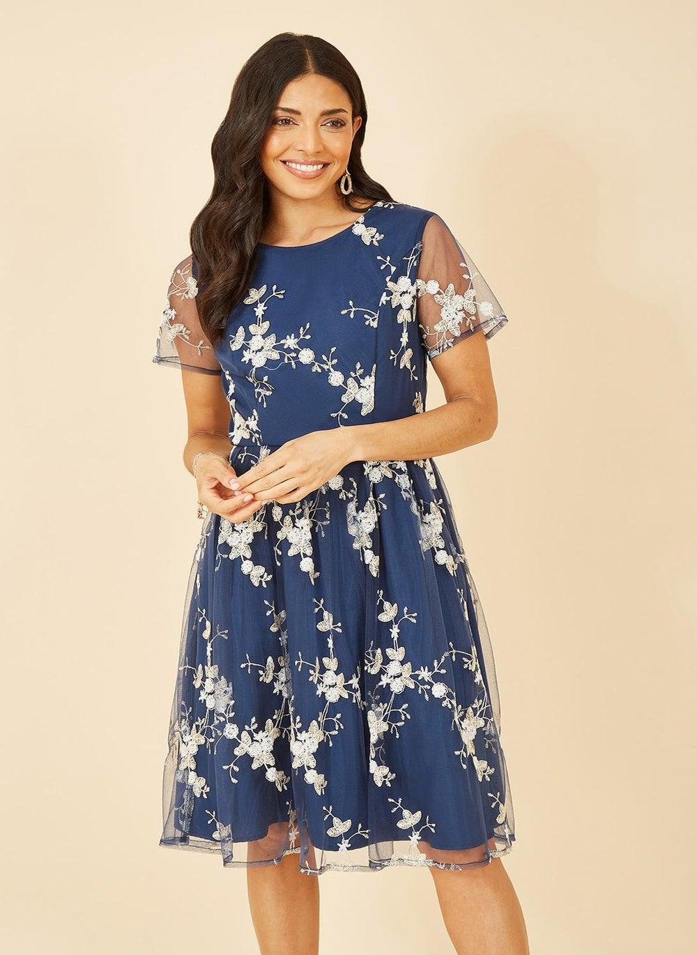 Floral Applique Navy Midi Dress - Image 1