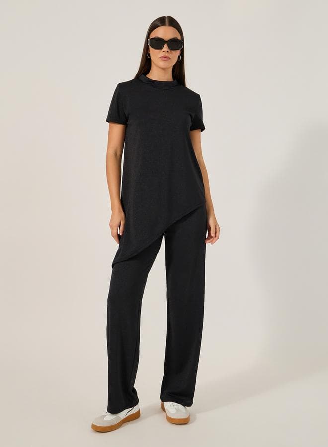 Solid Knitted Asymmetrical Top and Straight Leg Pants Set - Image 1