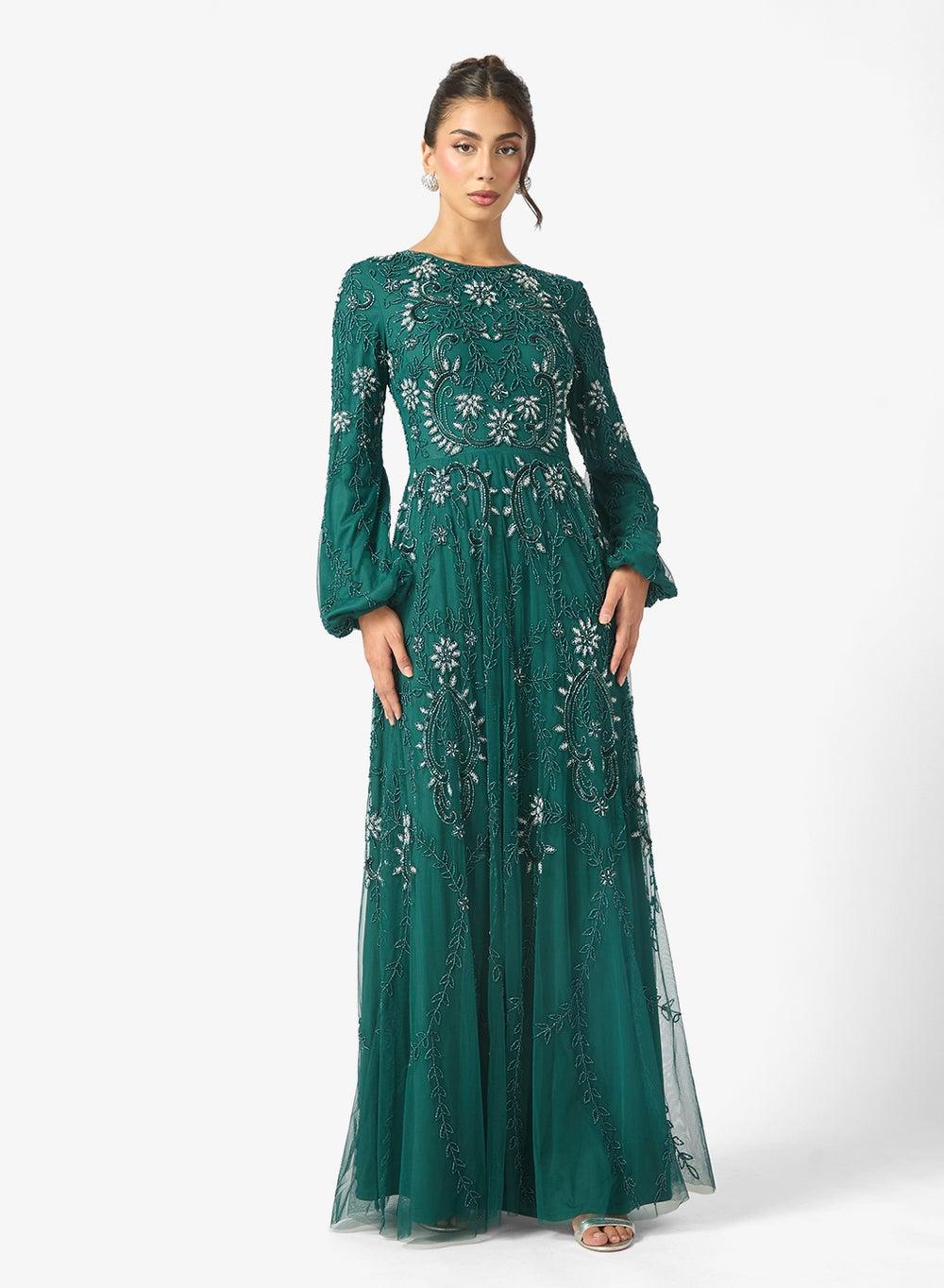 Talia Modest Embellished Sequin Cuff Sleeve Maxi Dress - Image 1