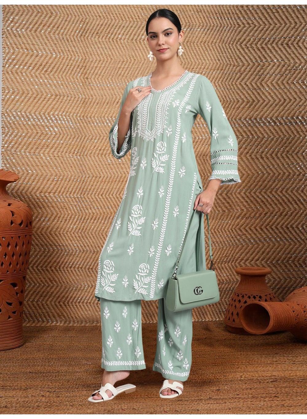 Women Hand Embroidered Lucknowi Chikankari Kurta Set AL4078KS - Image 1