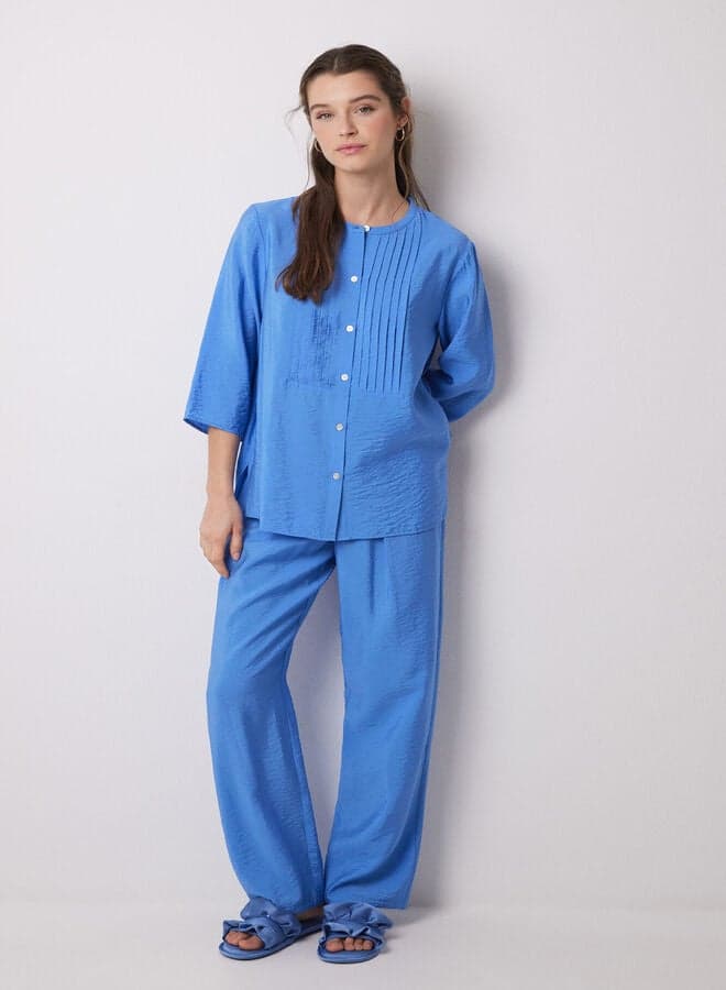 Long Blue Pleated Satin Pajama Shirt - Image 1