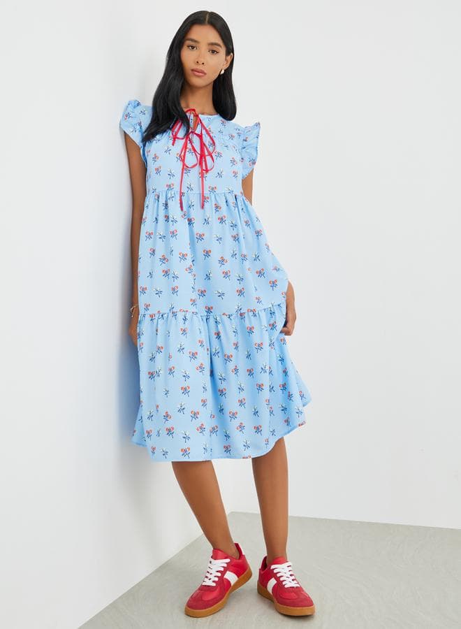 Take Two Floral Print Ruffled Sleeve Tiered Midi Dress - Image 1