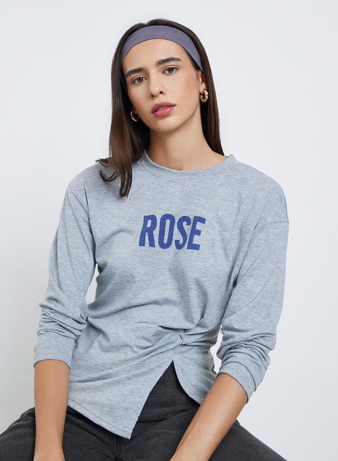 Styli Grey Slogan Print Knot Detail T-Shirt - Image 1