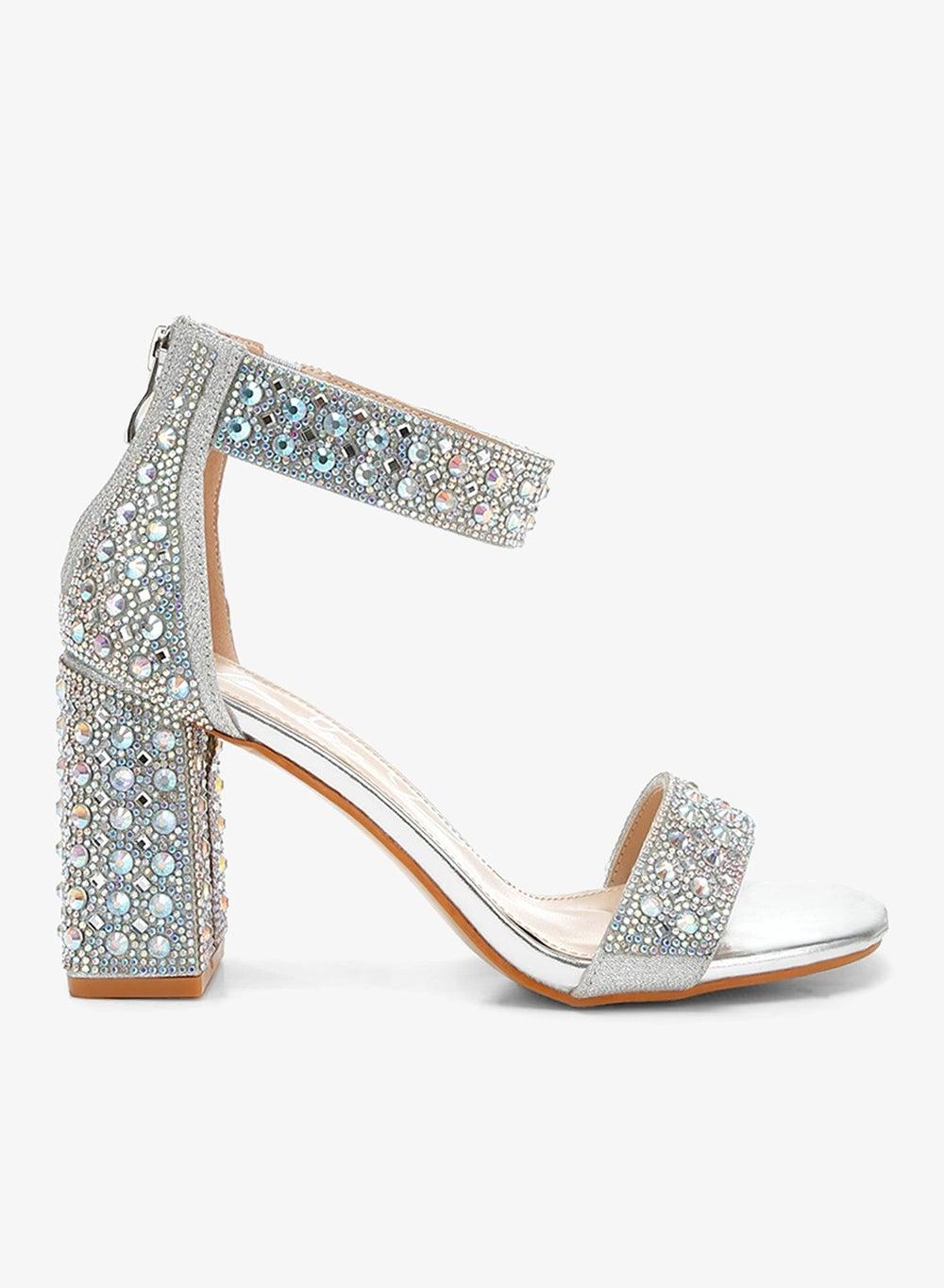 Silver Rhinestone and Sequin Block Heel Sandals - Image 1