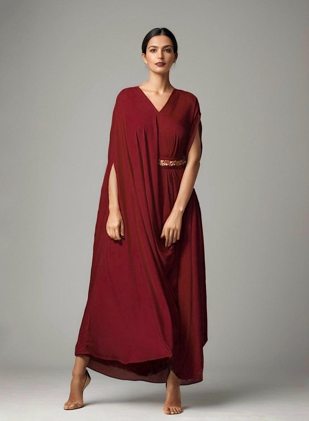 Red Shaded V-Neck Belted Maxi Kaftan Dress - Image 1