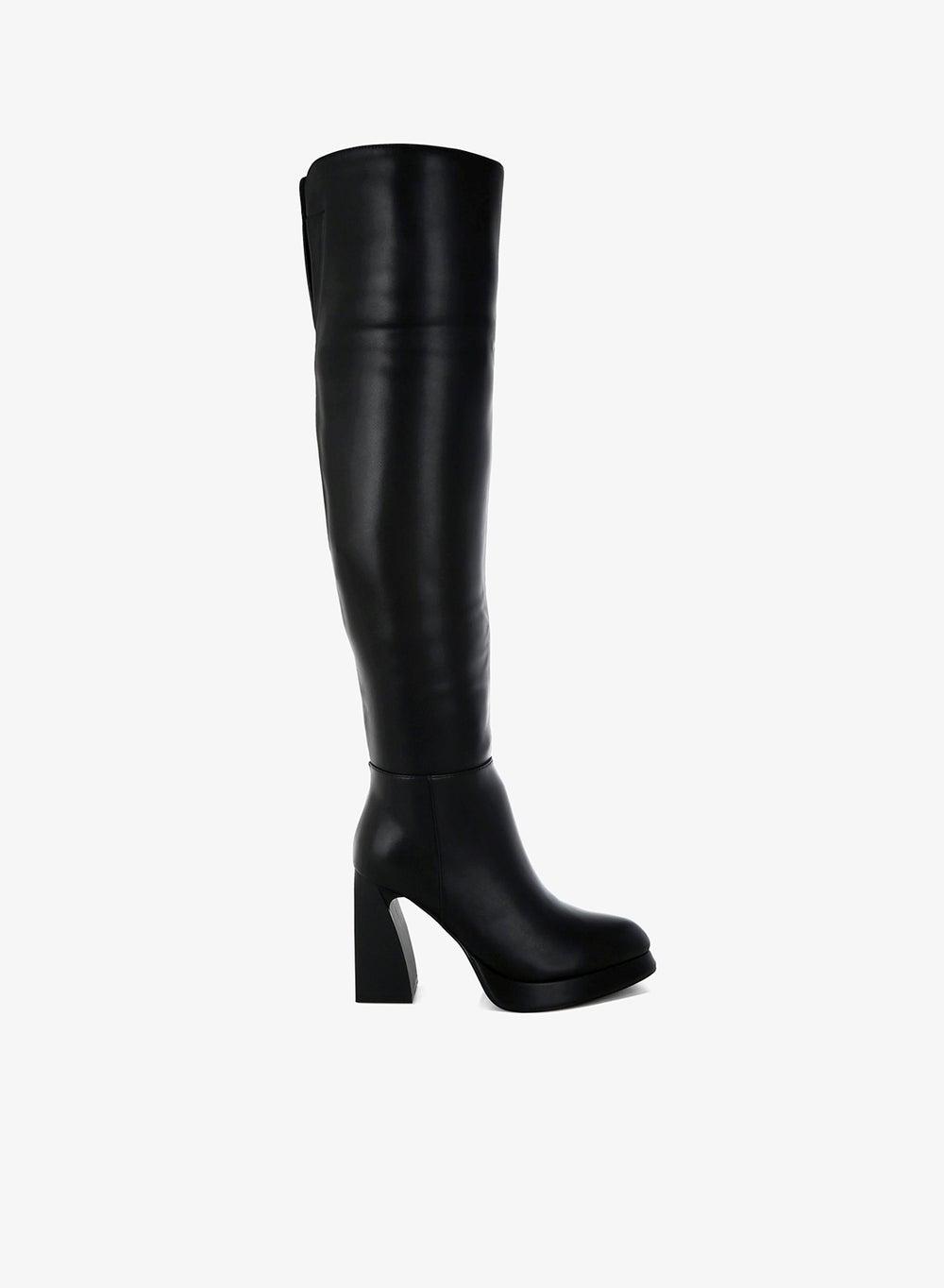 Black Faux Leather Knee-High Boots with Flared Heel - Image 1