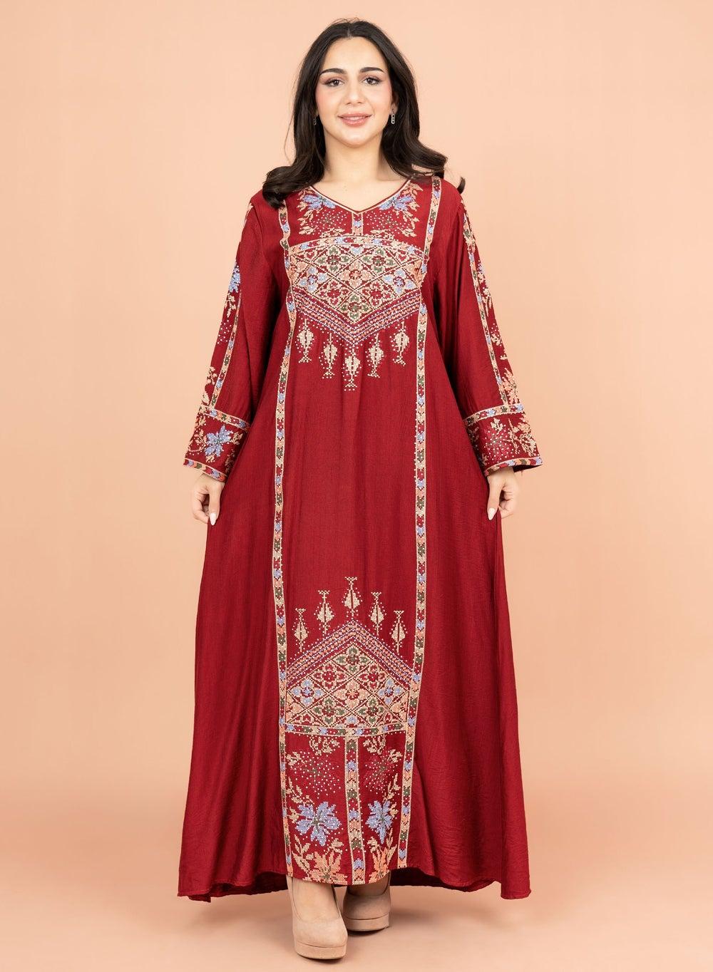 Red Embroidered Jalabiya with Delicate Details IK4008 - Image 1