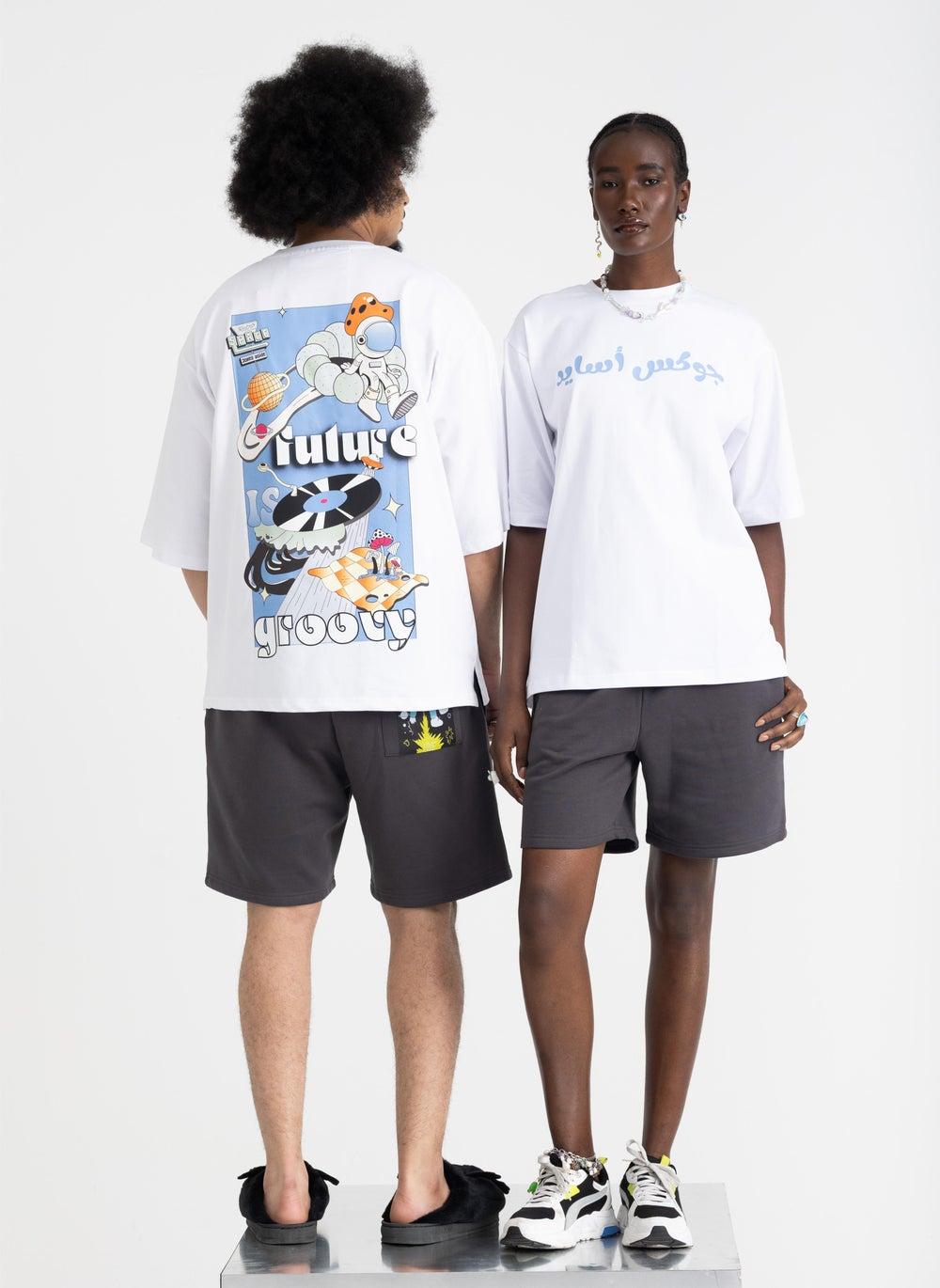 Cosmic Groove White Oversized Boxy Fit T-Shirt - Image 1